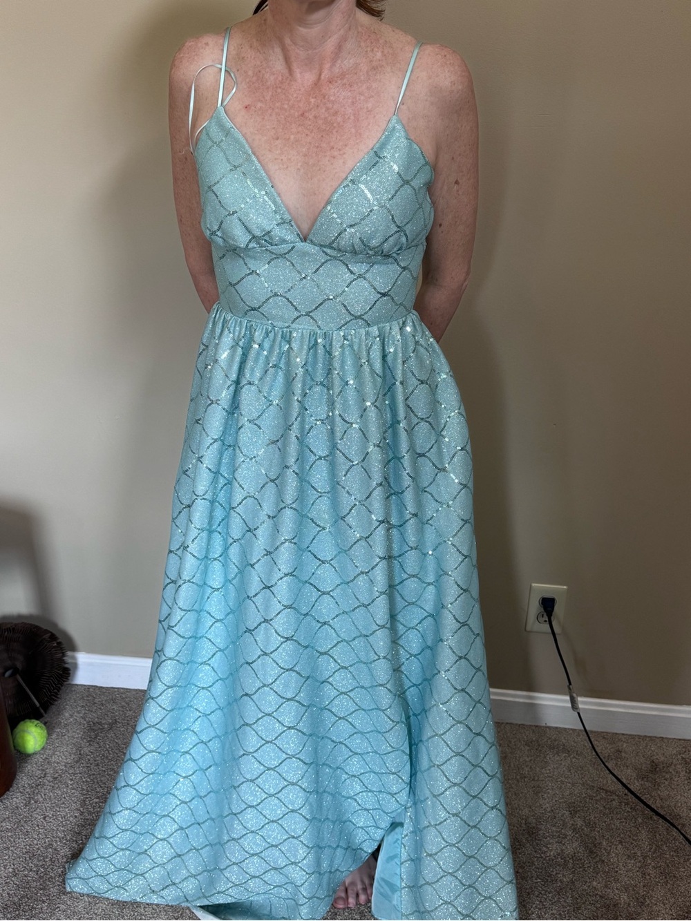 Crystal Doll Light Blue Glitter Maxi Dress with Spaghetti Straps